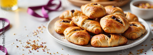 Plate of Purim pastries with festive ribbons and sprinkles on a bright table photo