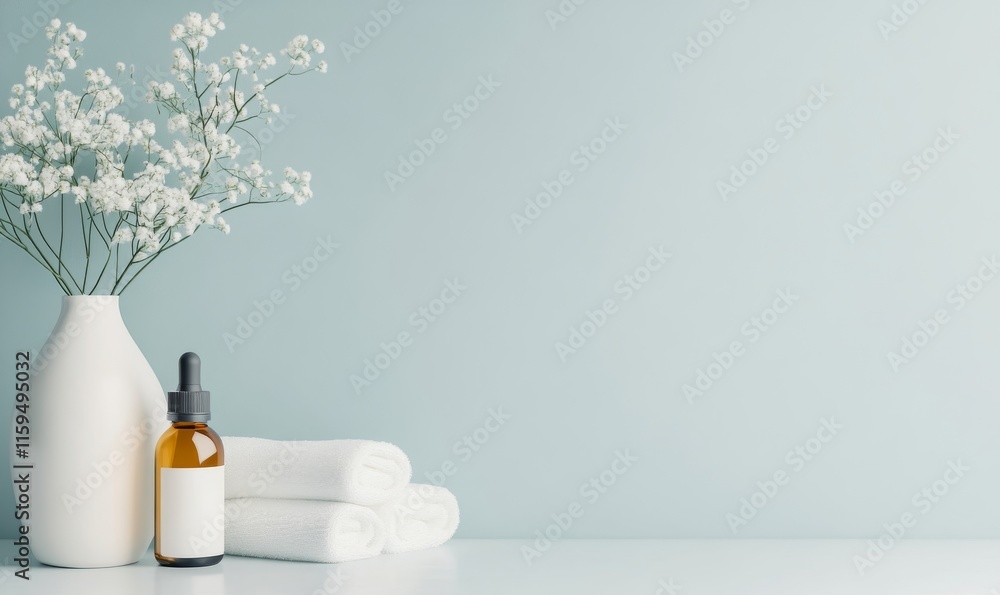 Serene Spa Setting with White Towels, Candles, and Essential Oil Bottles Serene Spa Setting with White Towels, Candles, and Essential Oil Bottles