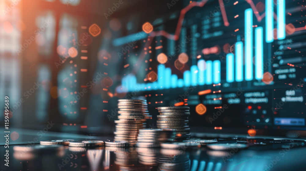 Fototapeta premium Stacked coins with digital financial graphs and data visualization
