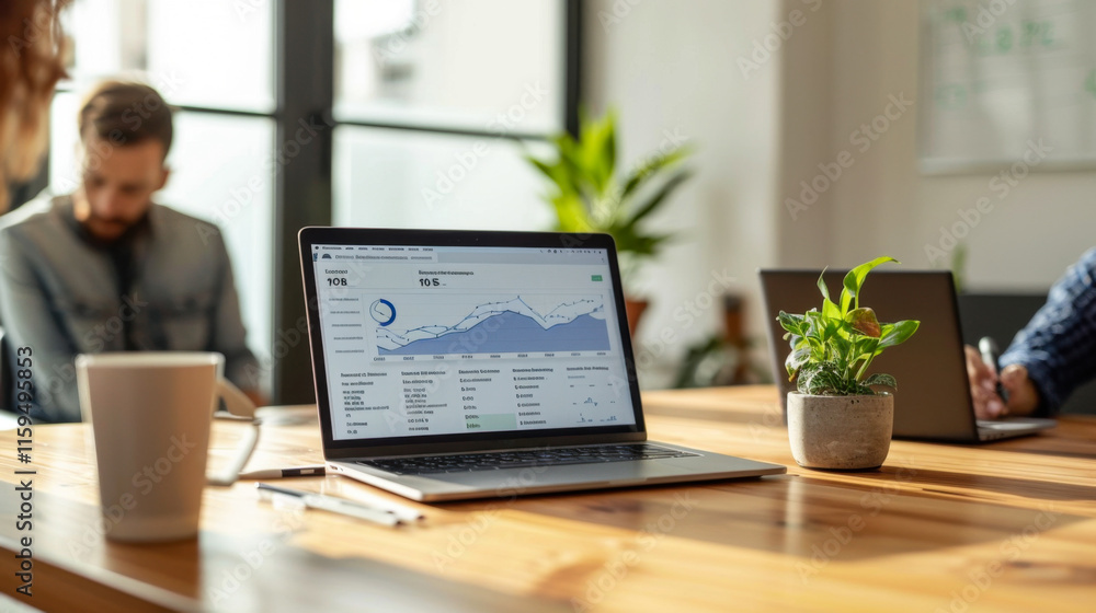 Laptop with analytics on a wooden desk in a casual office setting