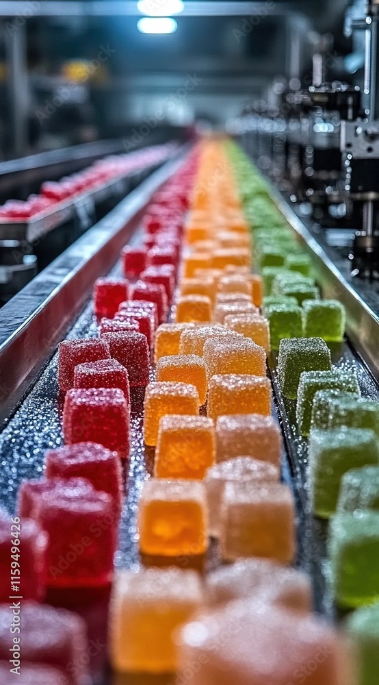 Obraz premium The gummy candy production line is filled with colorful, juicy blocks of gummies being placed on the conveyor belt in an industrial factory setting. 