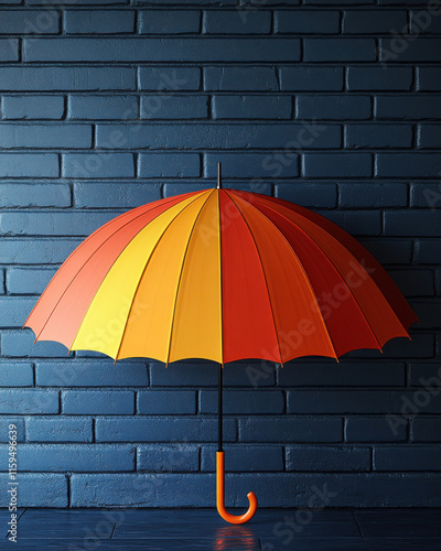 vibrant orange and yellow umbrella against dark blue brick wall photo