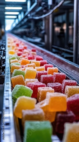 The gummy candy production line is filled with colorful, juicy blocks of gummies being placed on the conveyor belt in an industrial factory setting.  photo