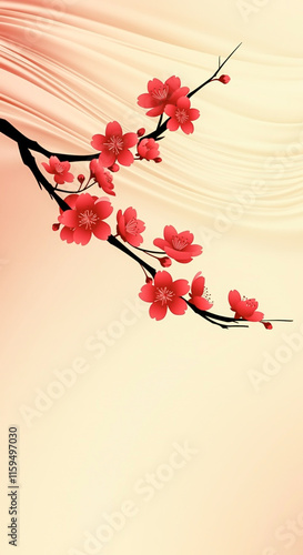 Delicate cherry blossoms in vibrant red hues with subtle gradients, set against a smooth, wavy cream-colored background.