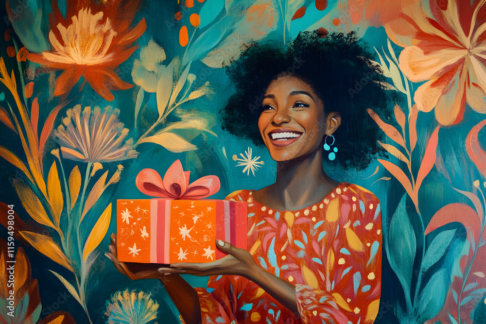 Joyful woman presenting a wrapped gift in a festive and vibrant setting Joyful woman presenting a wrapped gift in a festive and vibrant setting