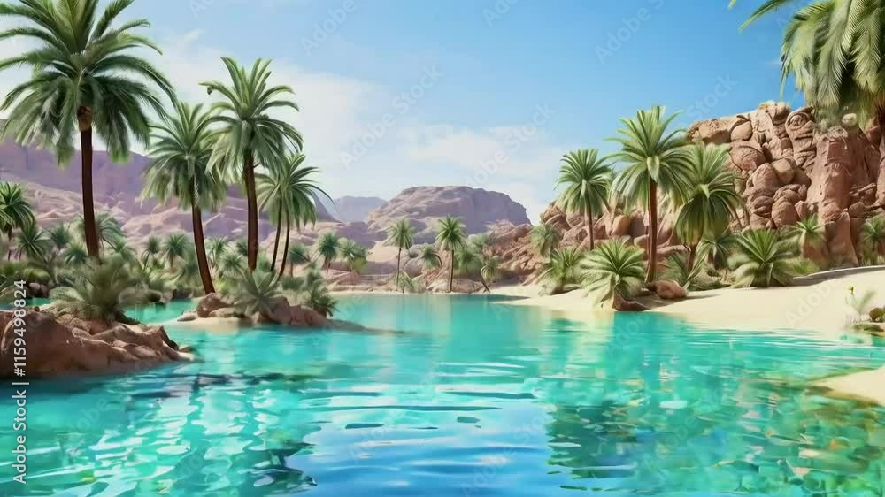 Serene oasis turquoise water, palm trees, and sandy beach nestled in rocky mountains under a clear sky. Serene oasis turquoise water, palm trees, and sandy beach nestled in rocky mountains under a clear sky.