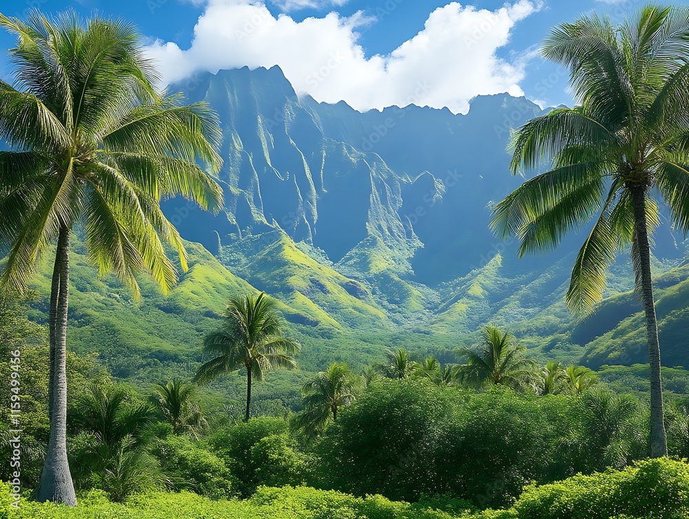 Fototapeta premium Lush Tropical Landscape With Palm Trees And Majestic Mountains