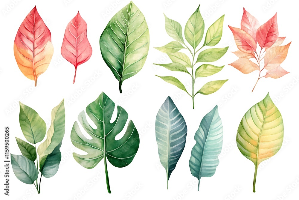 Obraz premium Green Leaf Collection: Artistic Watercolor and Detailed Digital Illustrations Featuring Clovers, Tropical Leaves, Falling Foliage, and Textured Dry Leaves - Perfect for Nature-Themed Designs and Decor