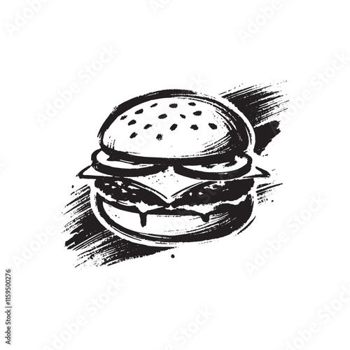 Grunge black and white brush sketch of a hamburger with artistic texture