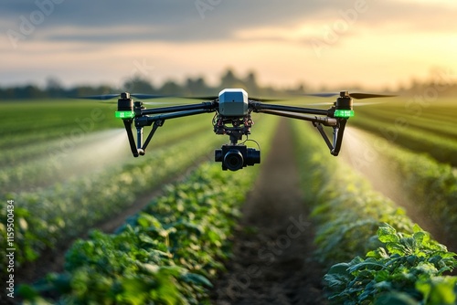 An advanced drone operates over lush crop fields, highlighting how modern technology integrates into agriculture, enhancing field productivity and precise monitoring. photo