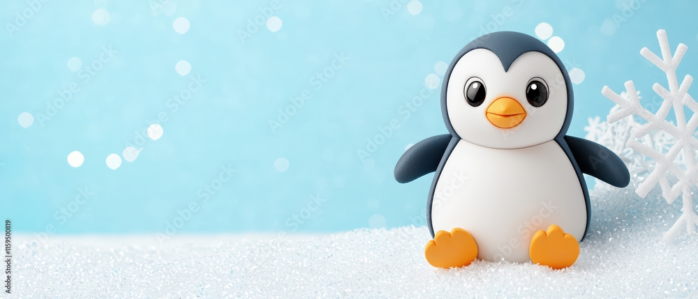 Obraz premium cute pastel penguin figure sitting on snowy surface with blue background