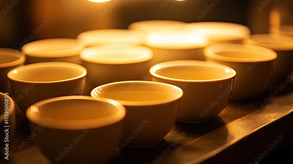Golden Teacups Arranged On Dark Wooden Tray Golden Teacups Arranged On Dark Wooden Tray