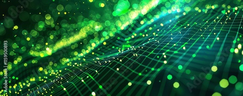 Abstract digital background featuring a green grid with glowing particles and bokeh effects on a dark backdrop. The layered composition creates a sense of depth, flow, and futuristic energy photo