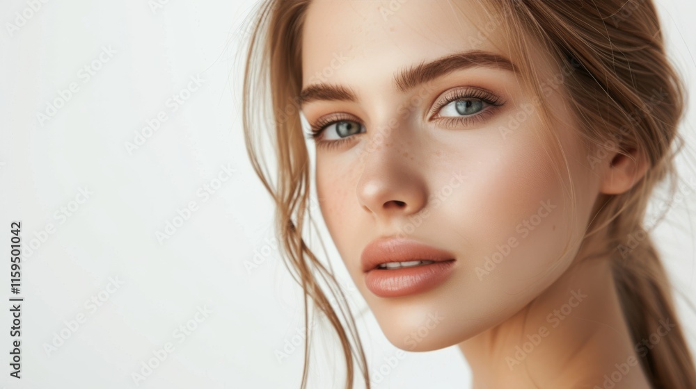 Naklejka premium Close-up of a young woman with smooth skin, subtle freckles, and soft, natural makeup. Her blue eyes and full lips are framed by loose, wispy hair against a light, neutral background