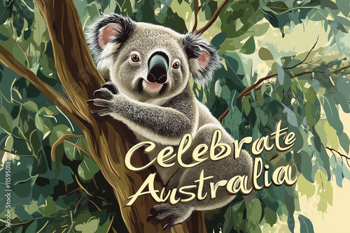 Koala relaxing on a tree branch celebrating Australia's unique wildlife in lush greenery photo