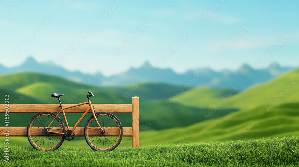close up of bicycle leaning against wooden fence in lush green landscape, surrounded by rolling hills and clear blue sky