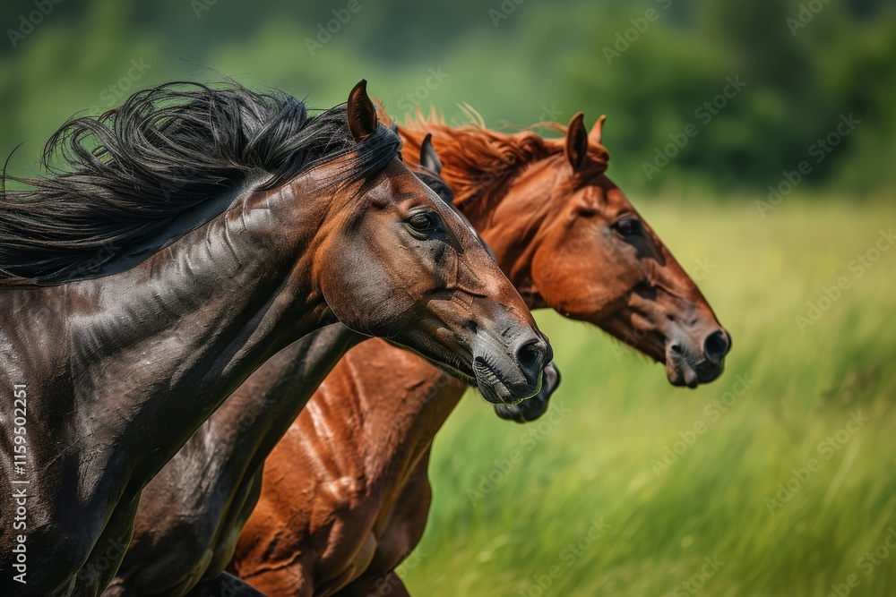 Side view of three stunning brown horses running closely together through a grassy field, their flowing manes and muscular frames exuding power and grace Side view of three stunning brown horses running closely together through a grassy field, their flowing manes and muscular frames exuding power and grace