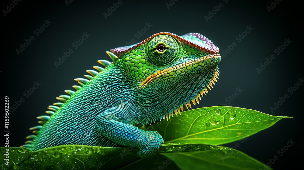 Fototapeta premium Vibrant green and blue chameleon on lush leaf.