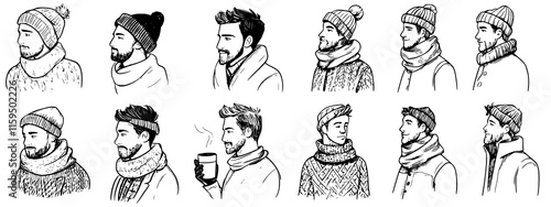 hand-drawn black and white portraits of men dressed in winter attire or outfit, illustration collection