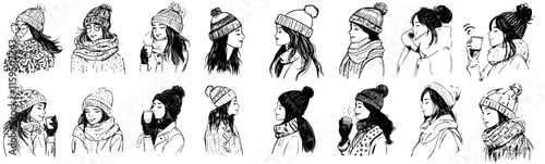 hand-drawn black and white portraits of young girls or women dressed in winter attire or outfits, illustration collection