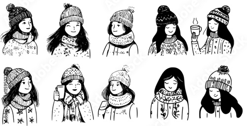 hand-drawn black and white portraits of teenage girls dressed in winter attire or outfits, illustration collection