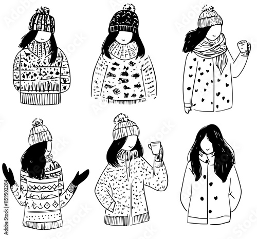 hand-drawn black and white portraits of teenage girls dressed in winter attire or outfits, illustration