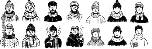 Collection of hand-drawn black and white portraits of men dressed in winter attire or outfit