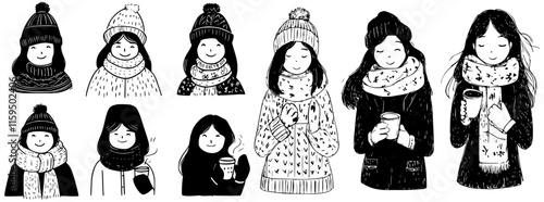 Set of hand-drawn black and white portraits of girls or women dressed in winter attire or outfit