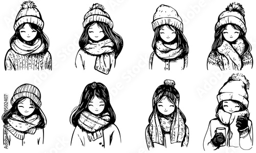 Set of hand-drawn black and white portraits of girl dressed in winter attire or outfit