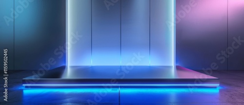 Minimalist rectangular podium with soft neon blue and pink gradient lighting, set against a modern backdrop. Ideal for futuristic product displays and tech showcases