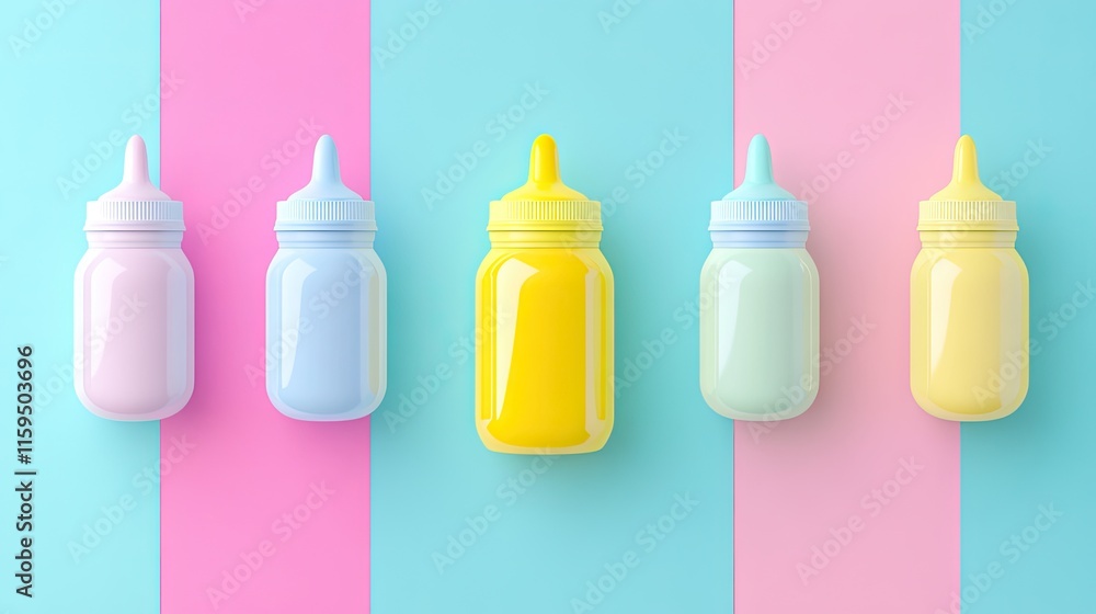 Pastel Colored Bottles Arranged On A Striped Background Pastel Colored Bottles Arranged On A Striped Background