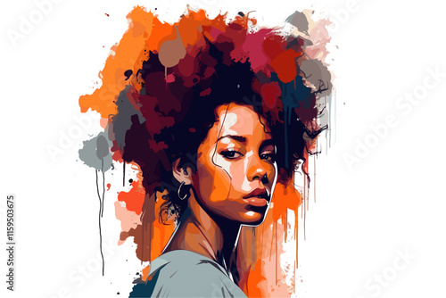 Mixed race empowered woman portrait. Watercolor digital illustration over white background