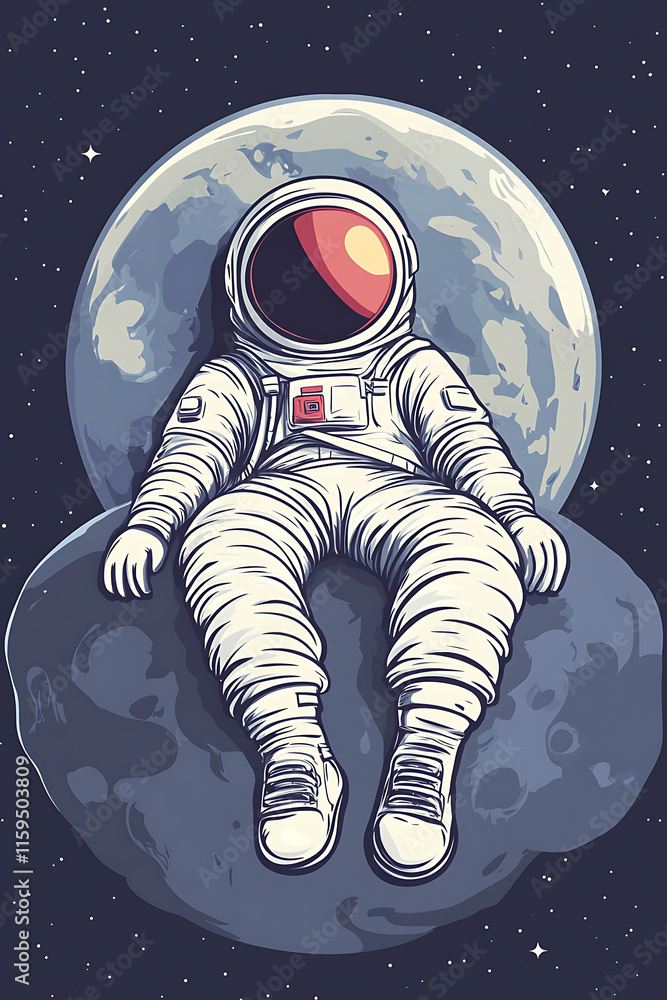 An astronaut relaxes on a moon-like surface with a large moon in the background. An astronaut relaxes on a moon-like surface with a large moon in the background.