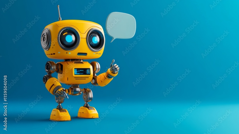 A vibrant yellow cartoon robot with expressive eyes and a speech bubble stands against a solid blue background, conveying a sense of futurism and simplicity. A vibrant yellow cartoon robot with expressive eyes and a speech bubble stands against a solid blue background, conveying a sense of futurism and simplicity.