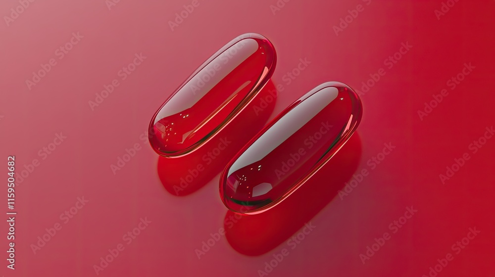 Two Red Capsules Resting On Red Surface Two Red Capsules Resting On Red Surface