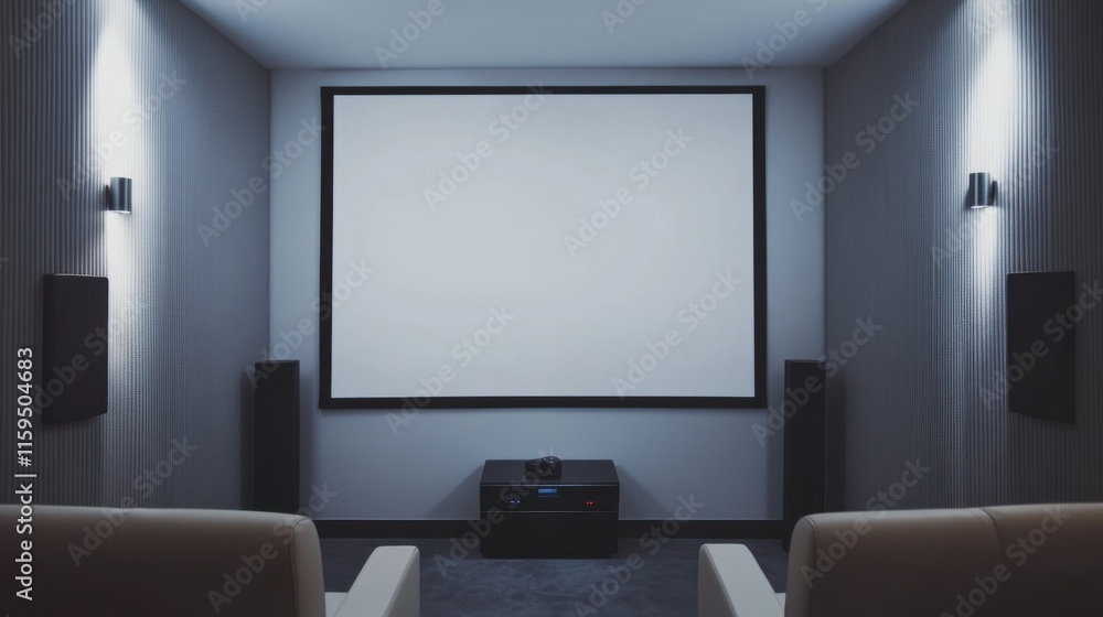 Elegant minimalist home theater room with minimal decor. Featuring clean lines and a stylish setup Elegant minimalist home theater room with minimal decor. Featuring clean lines and a stylish setup