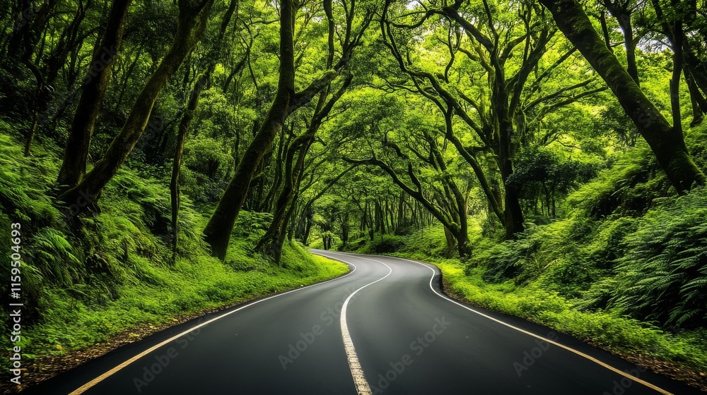 A scenic road winds narrowly through a green, dense forest landscape, encapsulating the beauty of nature with overhanging tree branches on a sunny day. A scenic road winds narrowly through a green, dense forest landscape, encapsulating the beauty of nature with overhanging tree branches on a sunny day.