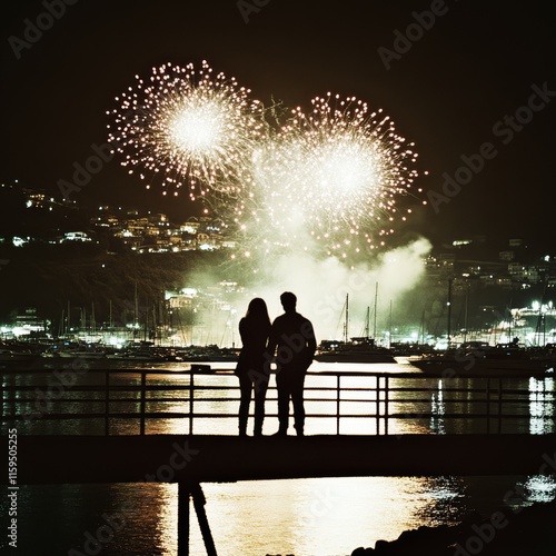 A silhouetted couple stands on a pier, sharing a romantic moment as vibrant fireworks light up the night sky, reflecting over the tranquil waterfront. photo