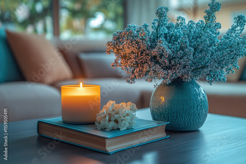 Burning candle on book illuminating cozy living room with flowers