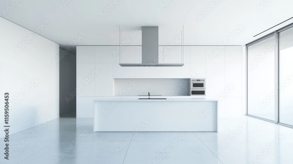 Elegant minimalist kitchen with minimal fixtures. Featuring a clean, open design with sleek lines Elegant minimalist kitchen with minimal fixtures. Featuring a clean, open design with sleek lines