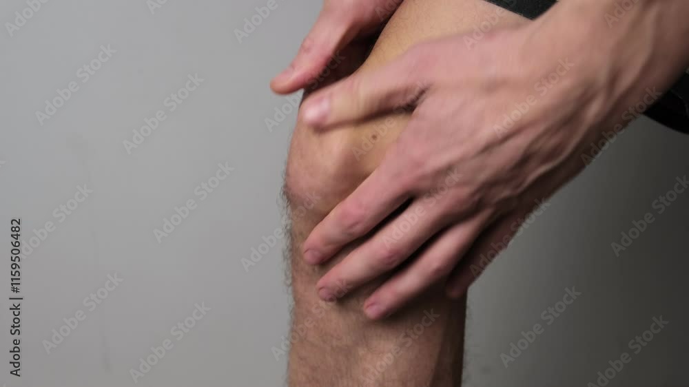Man massaging his knees with both hands, focusing on joint care and pain relief. Concept of joint pain and preventive massage. Man massaging his knees with both hands, focusing on joint care and pain relief. Concept of joint pain and preventive massage.