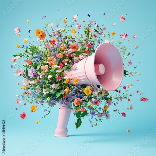 Pink megaphone overflowing with colorful wildflowers against a light blue background. photo