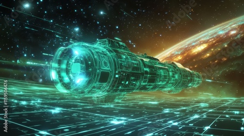 Futuristic hologram spaceship in space.