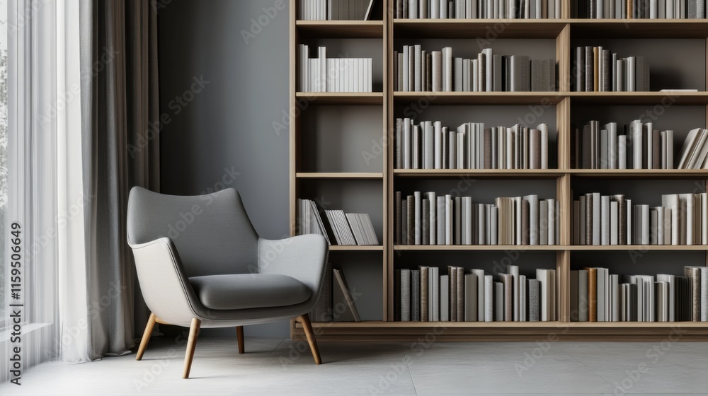 Elegant minimalist library nook with minimal decor. Featuring a clean, open design with contemporary lines Elegant minimalist library nook with minimal decor. Featuring a clean, open design with contemporary lines