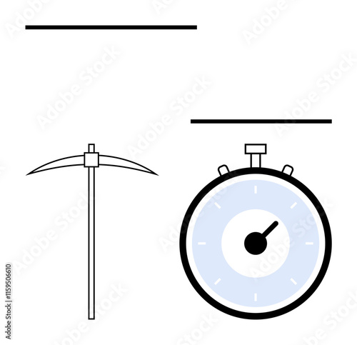 Pickaxe and stopwatch separated by lines. Ideal for hard work, mining, labor, punctuality, precision, time management, perseverance. Line metaphor