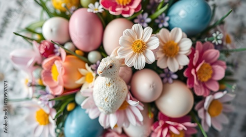 Pastel Easter Eggs and Flowers: A Delicate Springtime Arrangement