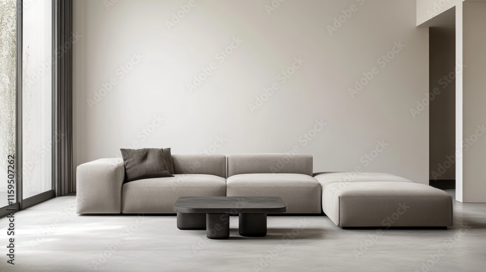 Elegant minimalist living room with minimal decor. Featuring clean lines and a refined design Elegant minimalist living room with minimal decor. Featuring clean lines and a refined design