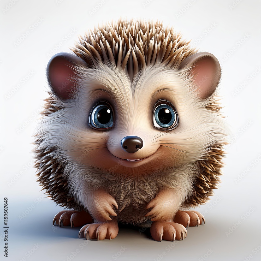 Fototapeta premium 3D-style baby hedgehog clipart with oversized eyes, tiny paws, and a fluffy spiky coat, isolated on a white background