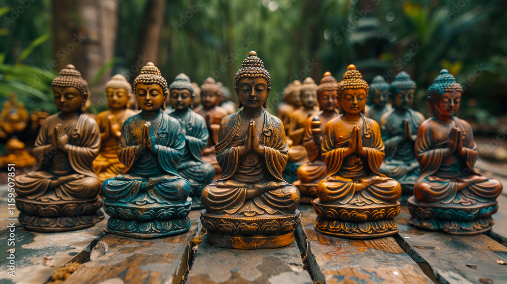 Fototapeta premium Colorful Buddha Statues Aligned in Tranquil Garden 
