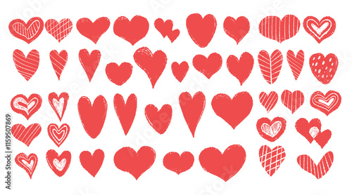 Red texture hearts collection. Curvature chalk hand drawings scribbles. Isolated elements scrawls. Vector illustration